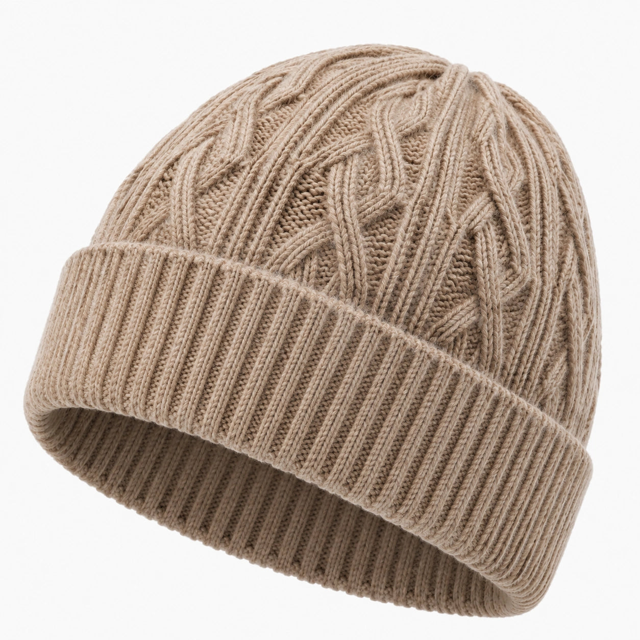 Strickmütze Einheitsgröße Beige mit Umschlag und Zopfmuster