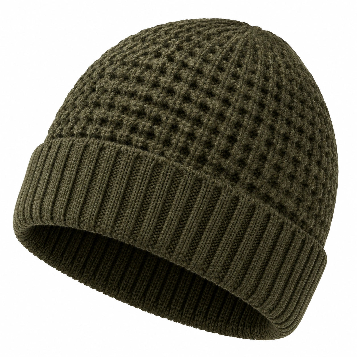 Strickmütze Einheitsgröße Oliv mit geripptem Umschlag für Alltag und Winter